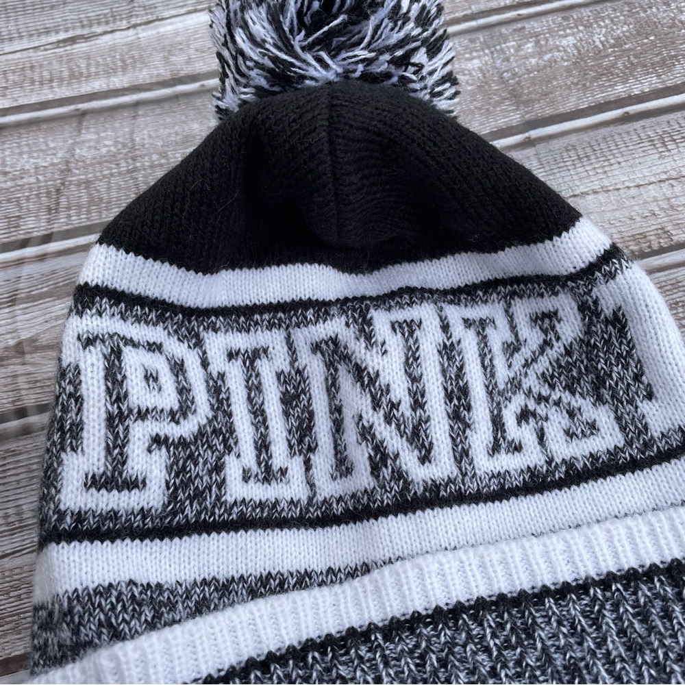Victorias Secret Hat Pink Nation winter beanie Pom Pom acrylic black white gray